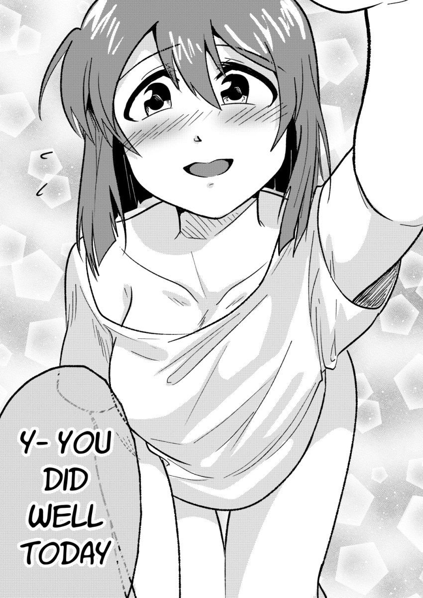 1girl blush collarbone drawfag english greyscale hagiwara_yukiho hair_between_eyes highres idolmaster idolmaster_(classic) looking_at_viewer medium_hair monochrome shirt solo speech_bubble t-shirt