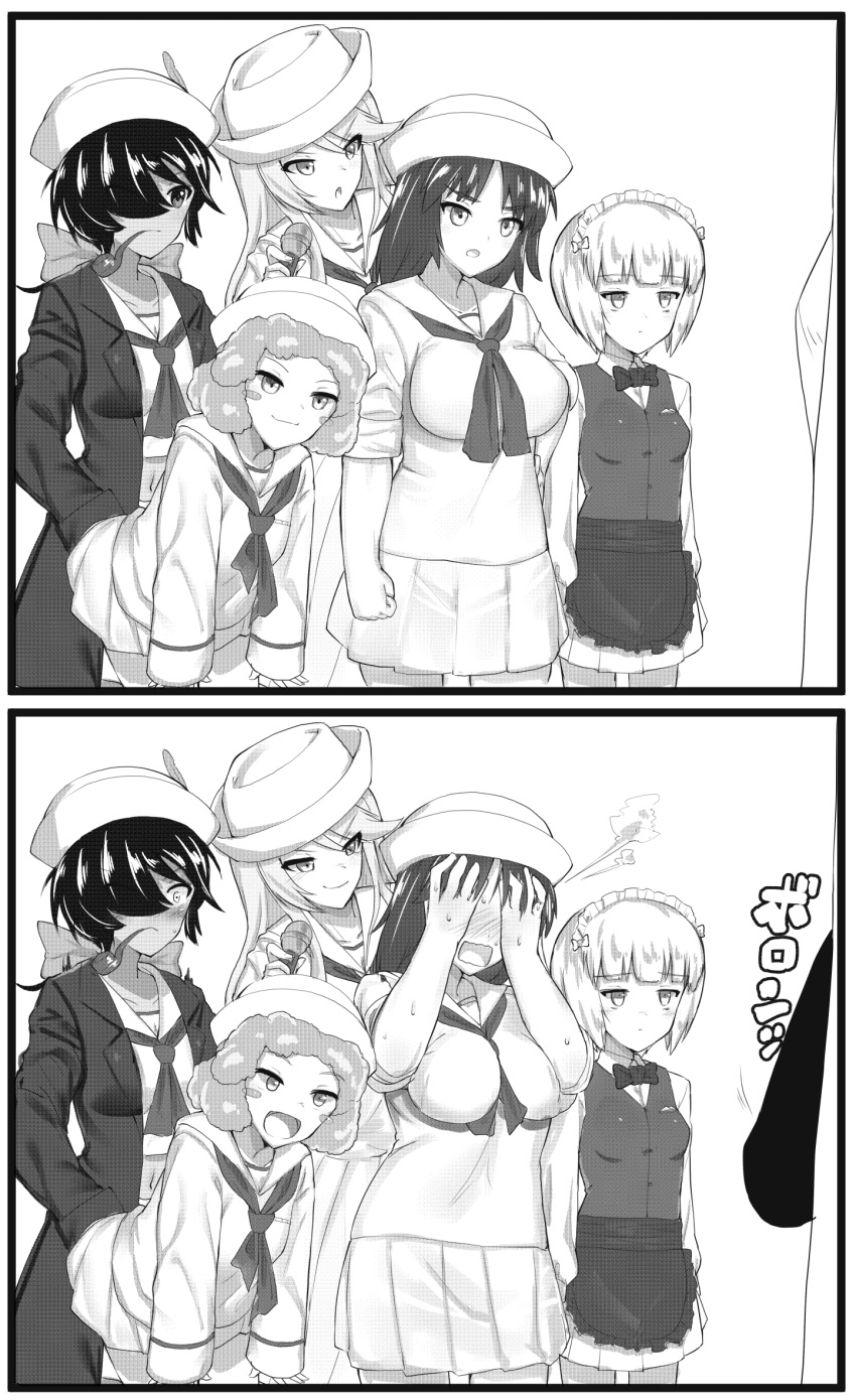 5girls :d :o apron bangs bartender blouse blunt_bangs blush blush_stickers bow bowtie breasts censored closed_mouth comic commentary constricted_pupils covering_face curly_hair cutlass_(girls_und_panzer) dark_skin debutya_aki dixie_cup_hat dress_shirt embarrassed eyebrows_visible_through_hair flint_(girls_und_panzer) frilled_apron frills frown full-face_blush fume girls_und_panzer greyscale hair_bow hair_over_one_eye hand_in_pocket handkerchief hands_on_legs hat hat_feather highres holding holding_microphone jacket leaning_forward light_frown long_hair long_skirt long_sleeves maid_headdress medium_breasts microphone midriff military_hat miniskirt monochrome motion_lines mouth_hold multiple_girls murakami_(girls_und_panzer) navel neckerchief ogin_(girls_und_panzer) ooarai_naval_school_uniform open_mouth out_of_frame penis_awe pipe pleated_skirt rum_(girls_und_panzer) sailor sailor_collar school_uniform shirt short_hair skirt sleeves_rolled_up small_breasts smile smirk standing sweat sweatdrop translated v-shaped_eyebrows vest waist_apron wing_collar