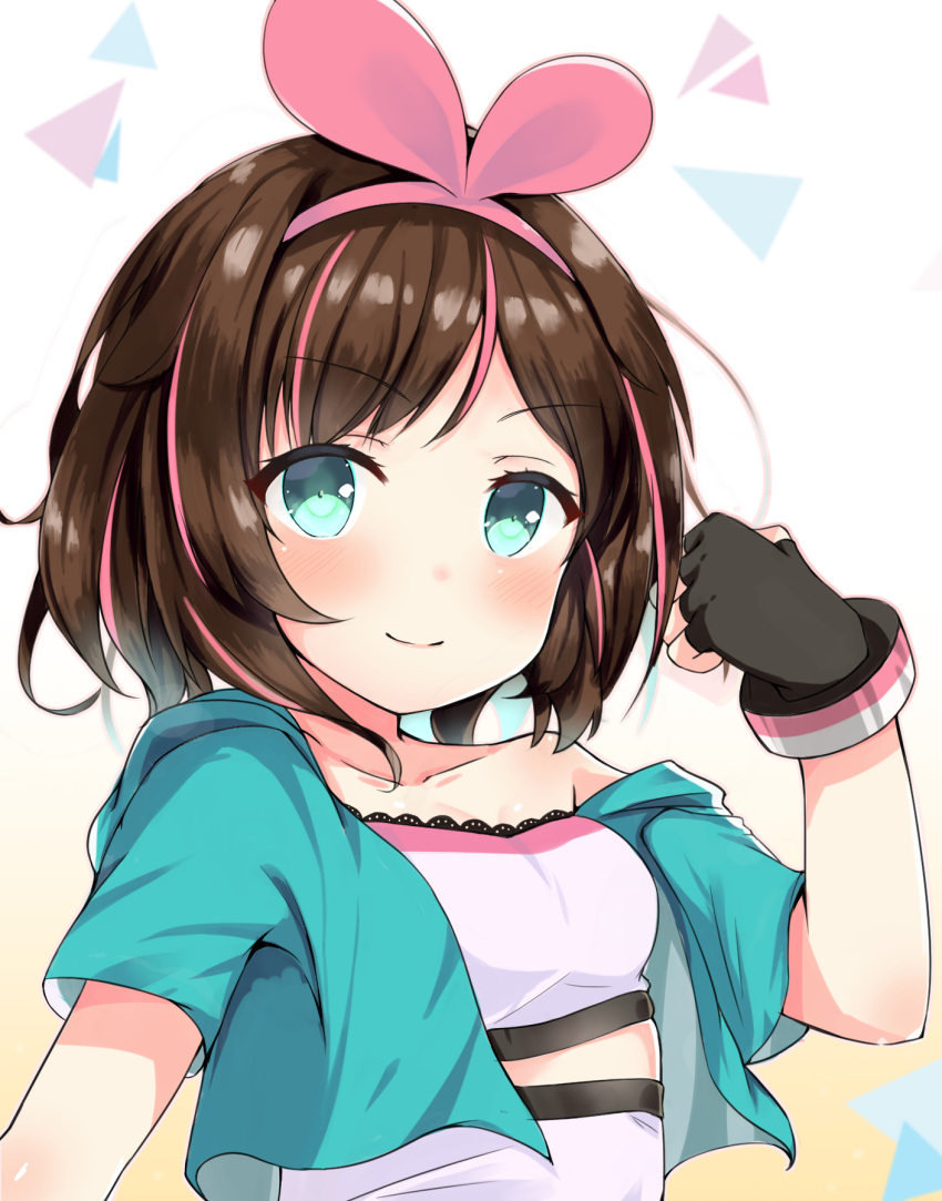 a.i._channel aqua_eyes blush brown_hair hair_ornament highres kizuna_ai looking_at_viewer portrait short_hair smile solo tiguruvurumudo_vuorun upper_body virtual_youtuber