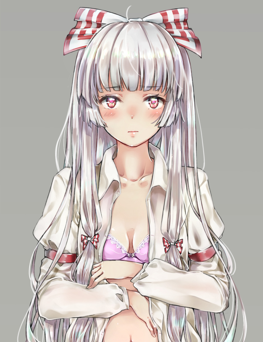 ahoge arm_belt bangs blunt_bangs blush bra breasts collarbone expressionless eyebrows_visible_through_hair fujiwara_no_mokou grey_background hair_ribbon hands_on_own_chest highres lace lace-trimmed_bra lavender_bra long_hair long_sleeves looking_at_viewer midriff navel open_clothes open_shirt red_eyes ribbon shirt sidelocks silver_hair simple_background small_breasts solo tareme teitowawa touhou tress_ribbon underwear upper_body very_long_hair white_shirt