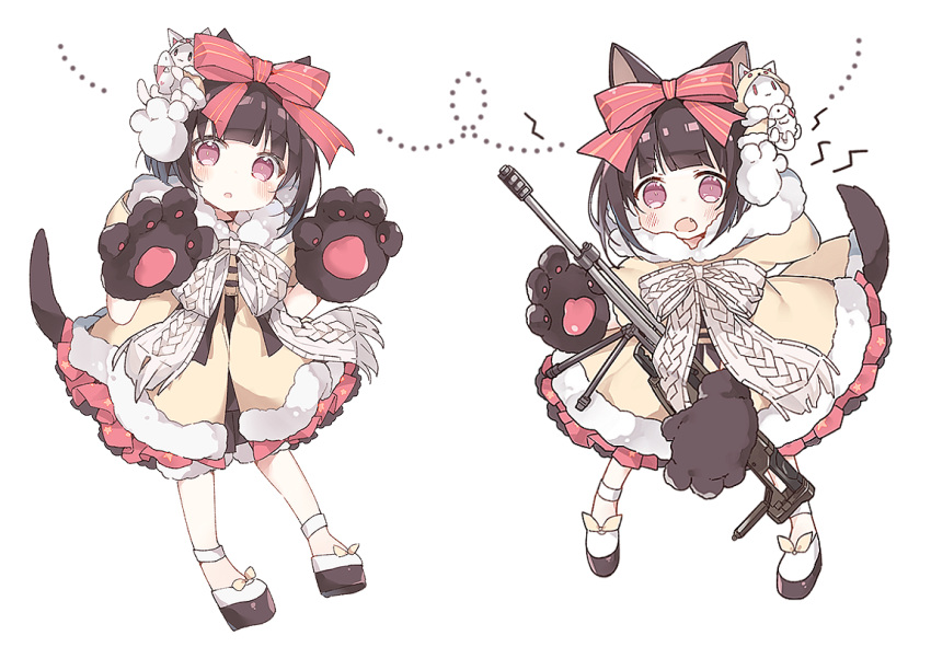 :o animal_ears blush bow brown_hair dog_ears dog_girl dog_tail dress fang fur-trimmed_hood fur_trim girls_frontline gloves gun hair_bow hands_up head_tilt hood hood_down hooded_dress lightning_bolt looking_at_viewer m99_(girls_frontline) object_namesake open_mouth parted_lips paw_gloves paws platform_footwear purple_eyes red_bow shoes simple_background solo standing striped striped_bow tail tsuka weapon white_background white_footwear yellow_dress zijiang_m99