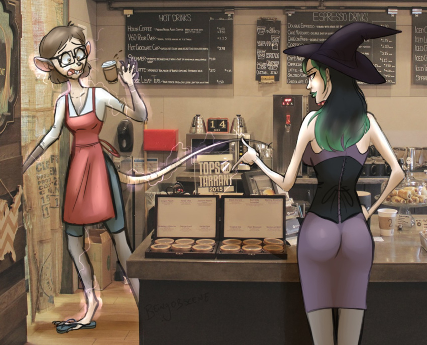 apron beingobscene beverage buckteeth butt claws clothed clothing coffee coffee_shop corset curse duo english_text female footwear hat human lingerie magic magic_user mammal photo_background rat rodent sandals shocked teeth text transformation witch witch_hat