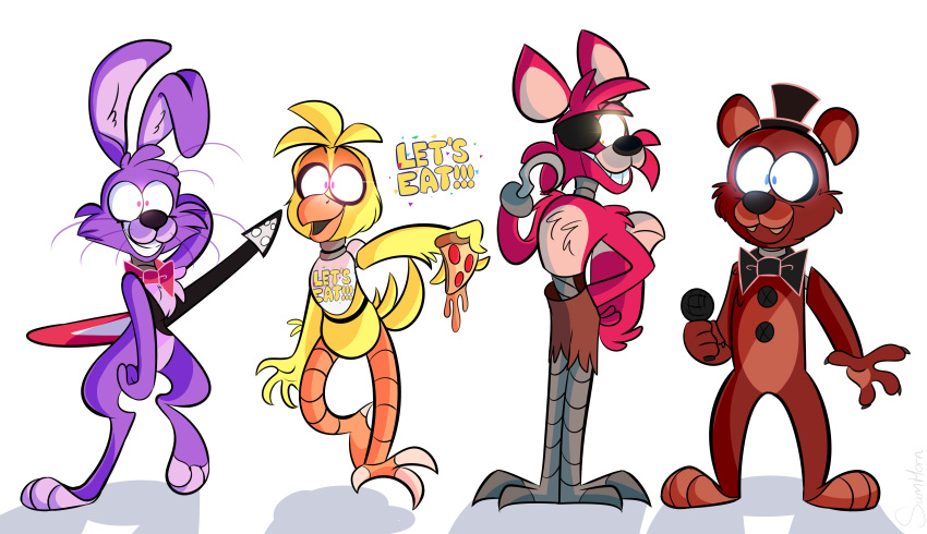 2018 absurd_res animatronic anthro avian bear bird bonnie_(fnaf) bow_tie canine chica_(fnaf) chicken digital_media_(artwork) eye_patch eyewear five_nights_at_freddy's food fox foxy_(fnaf) freddy_(fnaf) hat hi_res hook lagomorph machine mammal pizza rabbit robot sideshow-spottus simple_background top_hat video_games