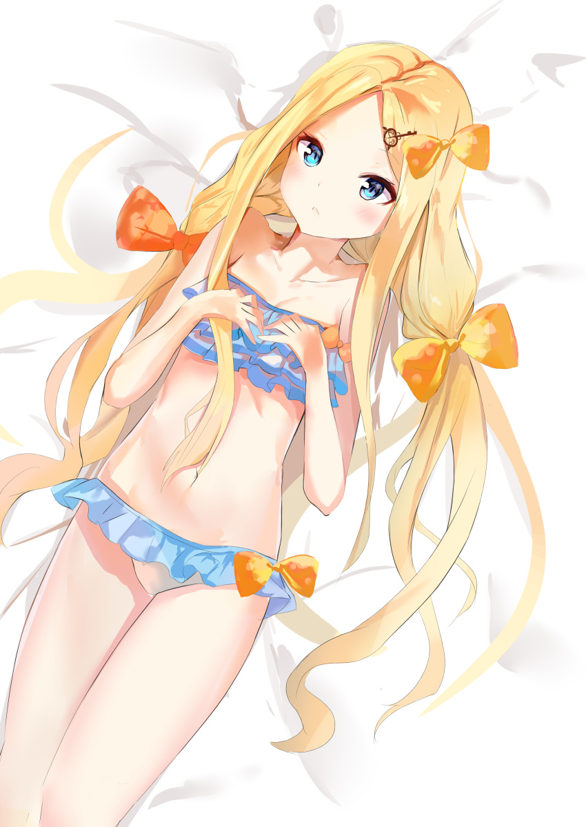 abigail_williams_(fate/grand_order) absurdres bangs bare_arms bare_shoulders bed_sheet bikini blonde_hair blue_bikini_top blue_eyes blush bow breasts closed_mouth collarbone commentary dutch_angle eyebrows_visible_through_hair fate/grand_order fate_(series) forehead hair_bow hair_ornament hands_on_own_chest hands_up highres key_hair_ornament layered_bikini long_hair looking_at_viewer lying mismatched_bikini navel on_back orange_bow parted_bangs small_breasts solo swimsuit very_long_hair white_bikini_bottom yukaa