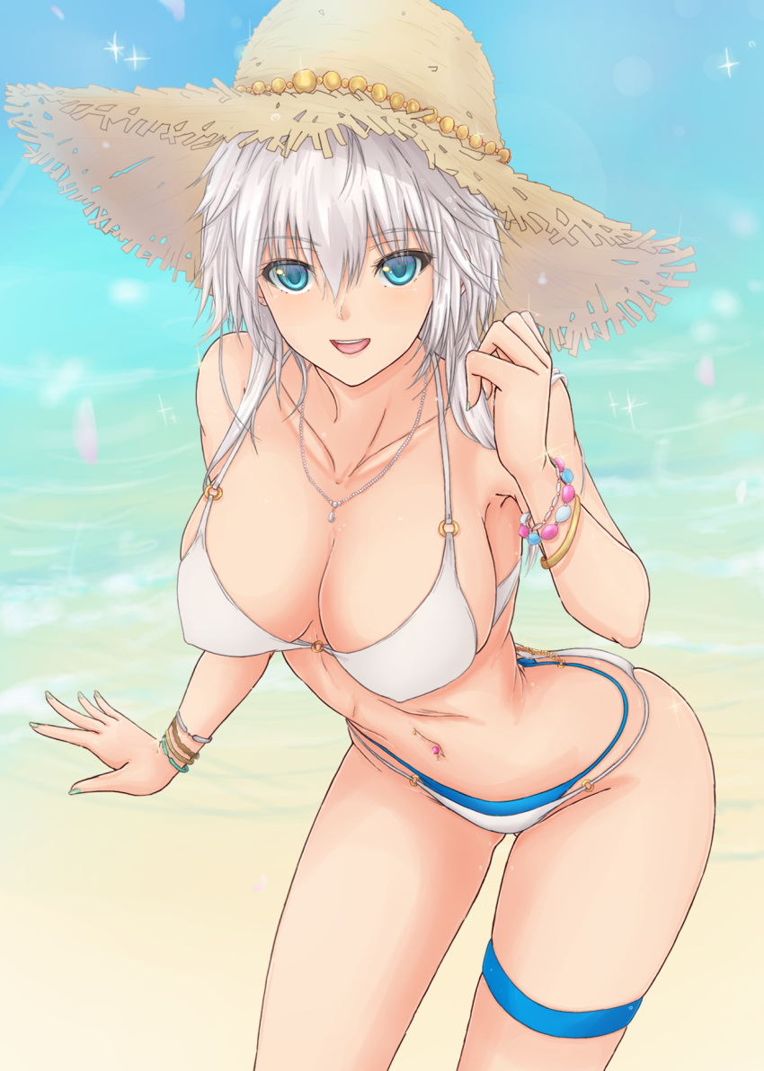 alternate_costume ass ass_visible_through_thighs bare_shoulders beach bikini blue_eyes breasts cleavage commentary_request contemporary cowboy_shot day eyebrows_visible_through_hair graphite_(medium) hair_between_eyes hair_down hat highres izayoi_sakuya large_breasts layered_bikini looking_at_viewer mickey_dunn navel navel_piercing o-ring o-ring_bikini o-ring_top open_mouth piercing sand short_hair sideboob silver_hair skindentation solo stomach straw_hat sun_hat swimsuit thigh_strap thighs touhou traditional_media water white_bikini