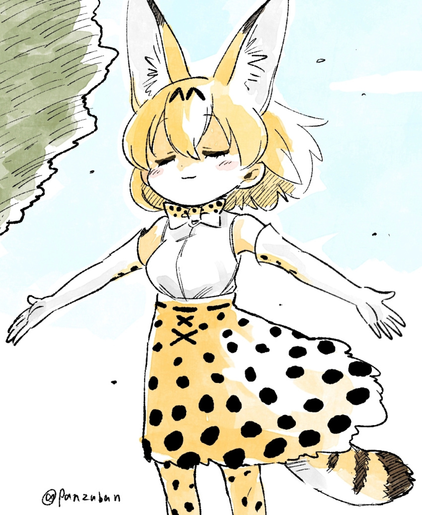 animal_ears artist_name bare_shoulders blonde_hair bow bowtie commentary elbow_gloves extra_ears gloves hair_between_eyes highres kemono_friends outstretched_arms panzuban print_gloves print_neckwear print_skirt serval_(kemono_friends) serval_ears serval_print serval_tail shirt short_hair skirt sleeveless sleeveless_shirt solo spread_arms tail twitter_username white_shirt wind