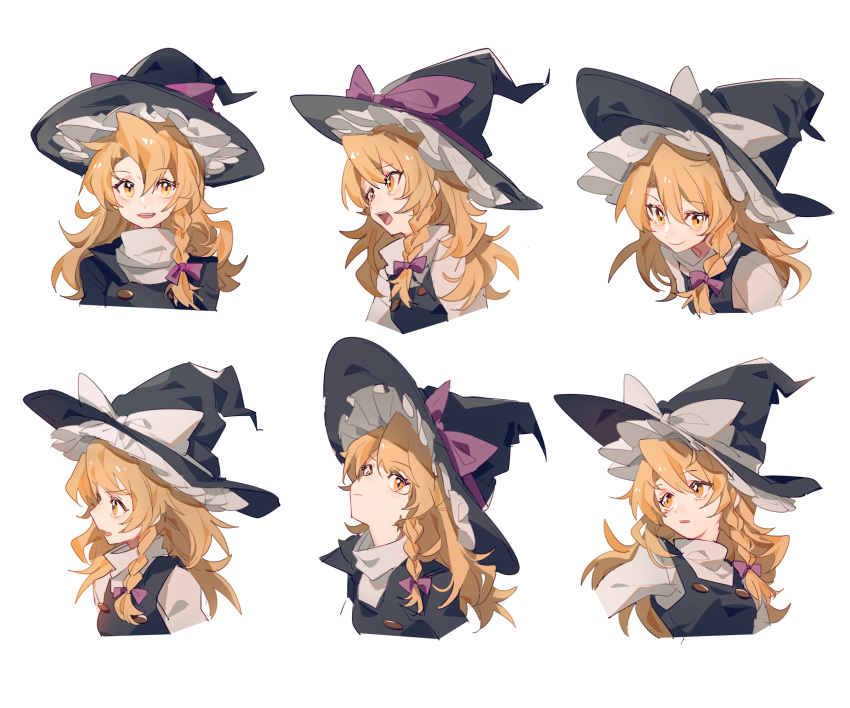 1girl aibivy black_hat blonde_hair bow braid buttons cropped_torso eyebrows_visible_through_hair hair_between_eyes hair_bow hat hat_bow highres kirisame_marisa long_hair multiple_views purple_bow side_braid simple_background smile touhou upper_body vest white_background white_bow witch_hat yellow_eyes