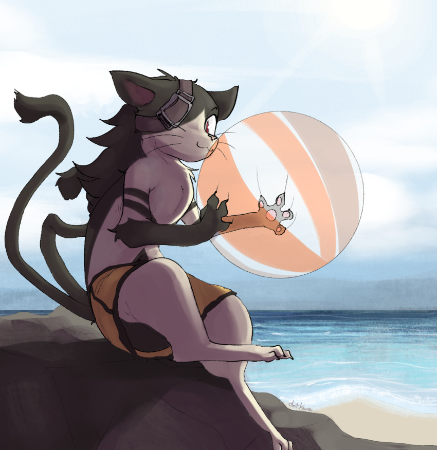 2018 2_tails anthro ball beach beach_ball blazblue cat clothed clothing dotkwa eye_patch eyewear feline holding_object jubei looking_at_viewer male mammal multi_tail outside sea seaside semi-anthro shorts signature solo topless video_games water whiskers