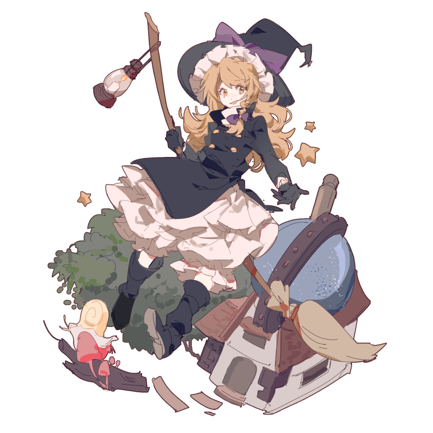 1girl :d aibivy black_coat black_footwear black_gloves black_hat blonde_hair bow braid broom buttons candle floating gloves hair_ribbon hat hat_bow highres house kirisame_magic_shop kirisame_marisa lantern long_sleeves mushroom observatory open_mouth purple_bow ribbon side_braid single_braid skirt smile snail solo star touhou tree tress_ribbon white_skirt witch_hat yellow_eyes