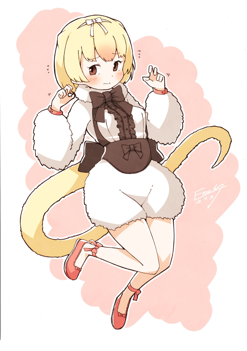 3: absurdres ankle_bow ankle_ribbon anteater_ears anteater_tail blonde_hair blush bow bowtie center_frills claw_pose commentary_request embarrassed enk_0822 eyebrows_visible_through_hair flats fluffy flying_sweatdrops fur_collar furrowed_eyebrows highres kemono_friends long_sleeves motion_lines pink_hair ribbon shoe_bow shoes short_hair shorts signature silky_anteater_(kemono_friends) solo
