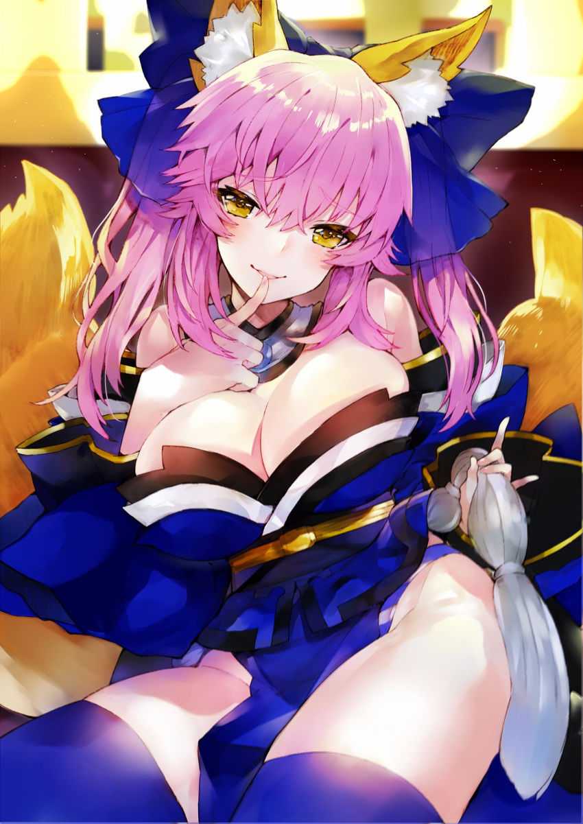 animal_ear_fluff animal_ears bangs bare_shoulders blue_legwear blush breasts cleavage collarbone commentary detached_sleeves ears_through_headwear eyebrows_visible_through_hair fate/grand_order fate_(series) finger_to_mouth fox_ears highres japanese_clothes kou_mashiro large_breasts long_hair obi open_mouth pink_hair sash sitting smile tamamo_(fate)_(all) tamamo_no_mae_(fate) thighs wide_sleeves yellow_eyes