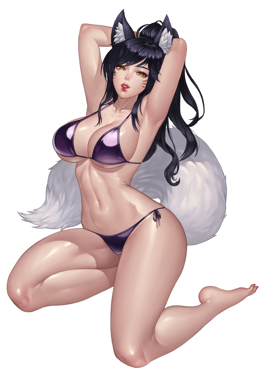 adjusting_hair ahri animal_ears armpits bangs barefoot bikini black_hair breasts cleavage commentary detached_sleeves english_commentary eyelashes feet fox_ears fox_tail highres karmiel large_breasts league_of_legends lips navel parted_lips ponytail shiny shiny_skin simple_background solo swept_bangs swimsuit tail underboob whisker_markings white_background yellow_eyes