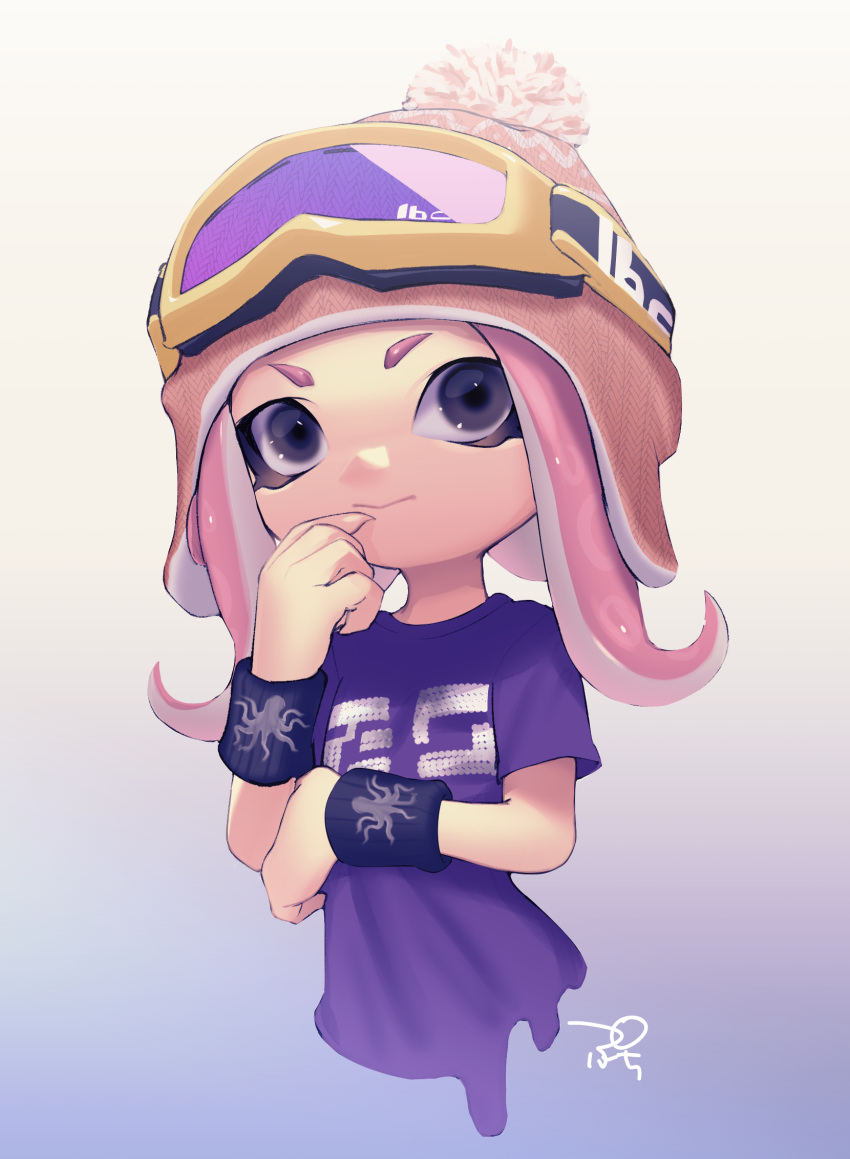 arm_grab artist_name black_eyes bobblehat closed_mouth cropped_torso emblem goggles goggles_on_headwear gradient gradient_background hat highres inkling_(language) light_smile looking_at_viewer makeup mascara multicolored multicolored_background octoling octopus pink_hair pink_hat pink_shirt puchiman shirt short_hair short_sleeves sidelocks signature solo splatoon_(series) splatoon_2 standing t-shirt tentacle_hair upper_body wristband