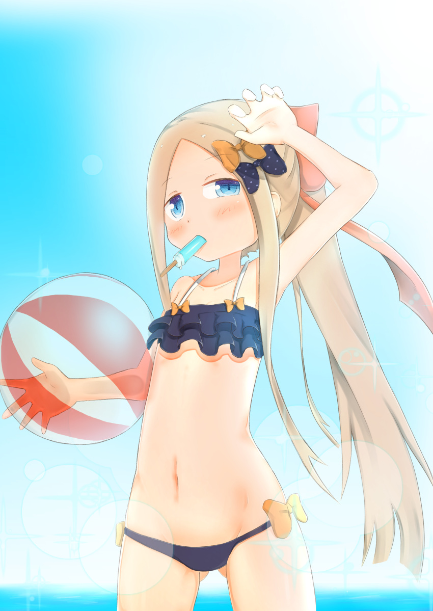 abigail_williams_(fate/grand_order) absurdres alternate_hairstyle arm_up ass_visible_through_thighs ball bangs bare_arms bare_shoulders beachball bikini black_bikini black_bow blue_eyes blue_sky blush bow collarbone commentary_request cowboy_shot day eyebrows_visible_through_hair fate/grand_order fate_(series) food food_in_mouth forehead hair_bow highres holding holding_ball horizon layered_bikini light_brown_hair long_hair mouth_hold navel ocean orange_bow outdoors parted_bangs polka_dot polka_dot_bow ponytail popsicle shading_eyes sidelocks sky solo sparkle su_guryu swimsuit transparent very_long_hair water