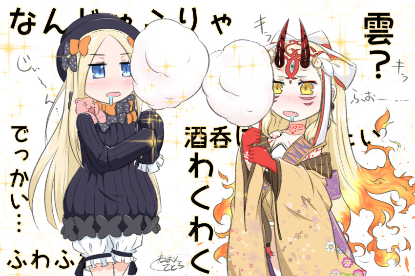 abigail_williams_(fate/grand_order) bangs black_bow black_dress black_hat blonde_hair bloomers blue_eyes blush bow breasts bug butterfly commentary_request cotton_candy dress drooling eyebrows_visible_through_hair facial_mark fate/grand_order fate_(series) fiery_hair floral_print food forehead forehead_mark hair_bow hat highres holding holding_food horns ibaraki_douji_(fate/grand_order) insect japanese_clothes kimono long_hair long_sleeves multiple_girls neon-tetora nose_blush off_shoulder oni oni_horns orange_bow parted_bangs polka_dot polka_dot_bow print_kimono saliva simple_background sleeves_past_fingers sleeves_past_wrists small_breasts sparkle stuffed_animal stuffed_toy teddy_bear translation_request underwear very_long_hair white_background white_bloomers yellow_kimono