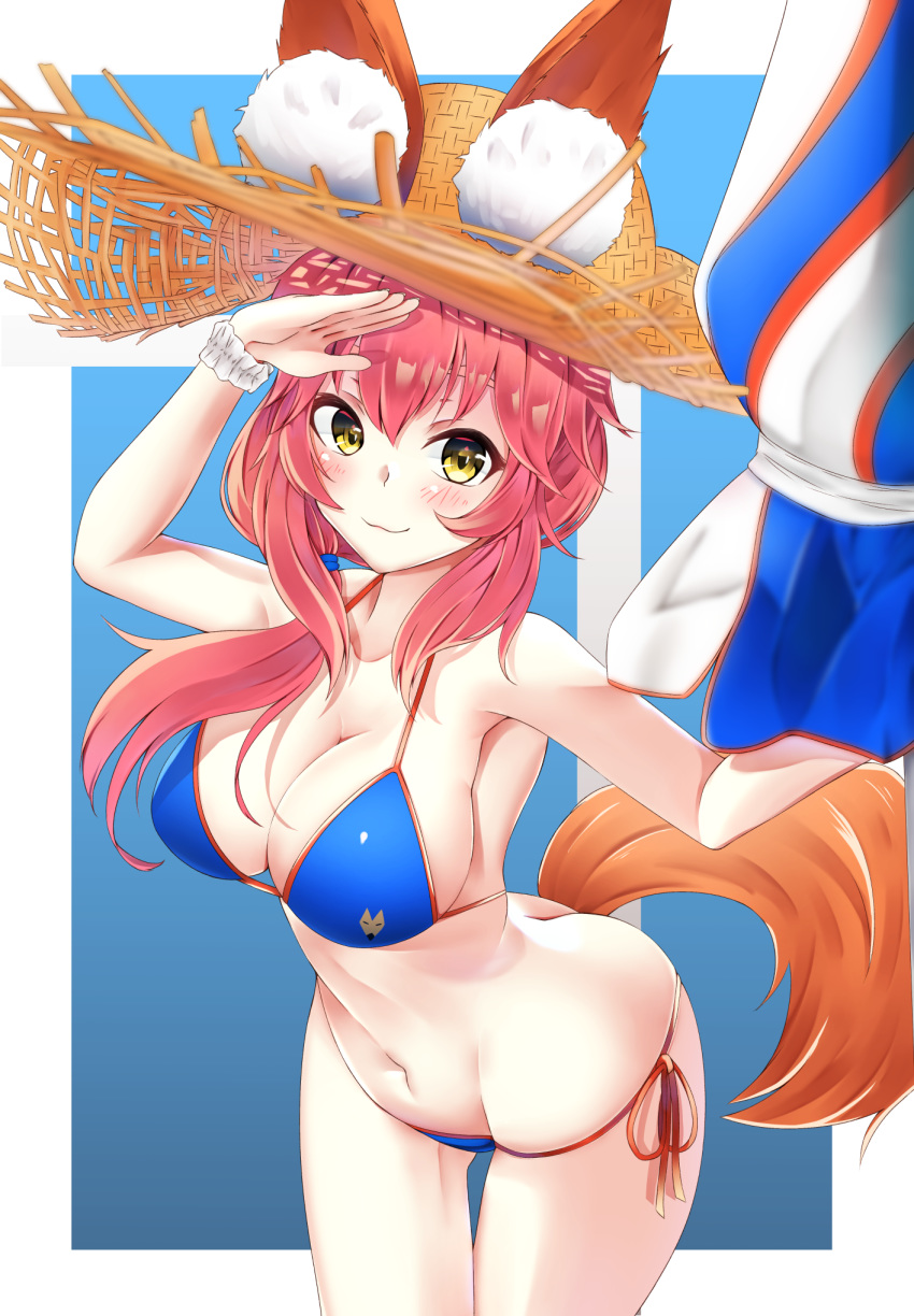 :3 animal_ear_fluff animal_ears arm_up bangs bikini blue_bikini blurry blurry_foreground blush breasts cleavage closed_mouth collarbone commentary cowboy_shot depth_of_field ears_through_headwear fate/grand_order fate_(series) fox_ears fox_girl fox_tail groin hair_between_eyes hat highres holding holding_umbrella large_breasts leaning_forward long_hair navel parasol pink_hair scrunchie side-tie_bikini siroimo0828 smile solo straw_hat swimsuit tail tamamo_(fate)_(all) tamamo_no_mae_(swimsuit_lancer)_(fate) umbrella white_scrunchie wrist_scrunchie yellow_eyes