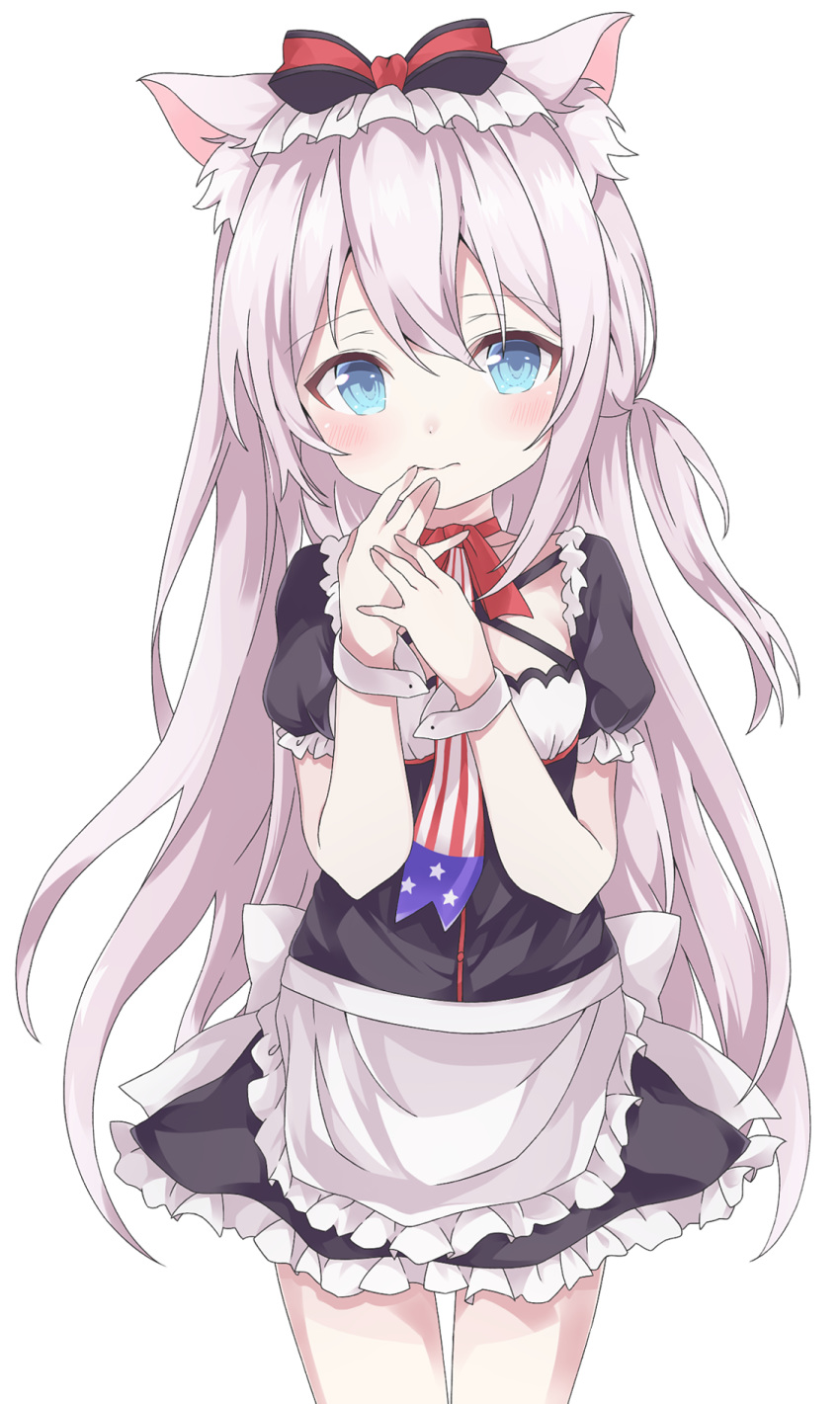 american_flag american_flag_print animal_ears apron azur_lane blue_eyes blush bow cat_ears commentary_request cowboy_shot fingers_to_mouth flag_print grey_hair hair_bow hammann_(azur_lane) highres long_hair looking_at_viewer necktie rinji simple_background solo white_background wrist_cuffs