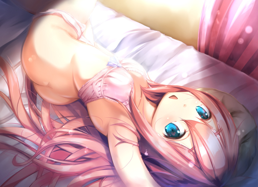 arm_up armpits ass bangs bed_sheet blue_eyes blush bow bow_bra bra breasts butt_crack commentary_request curtains eyebrows_visible_through_hair from_above gc3 hair_between_eyes kagamihara_nadeshiko long_hair looking_at_viewer looking_up lying on_side open_mouth panties panty_pull pink_bra pink_panties red_hair small_breasts solo underwear underwear_only very_long_hair yurucamp