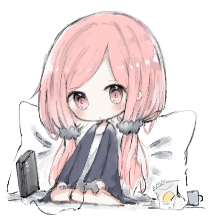 bag_of_chips barefoot black_jacket black_scrunchie blush chibi closed_mouth controller cottontailtokki cup game_console game_controller hair_ornament hair_scrunchie highres holding jacket long_hair long_sleeves looking_at_viewer low_twintails mug open_clothes open_jacket original pillow pink_eyes pink_hair playstation_4 scrunchie shirt sitting solo twintails very_long_hair wariza white_background white_shirt