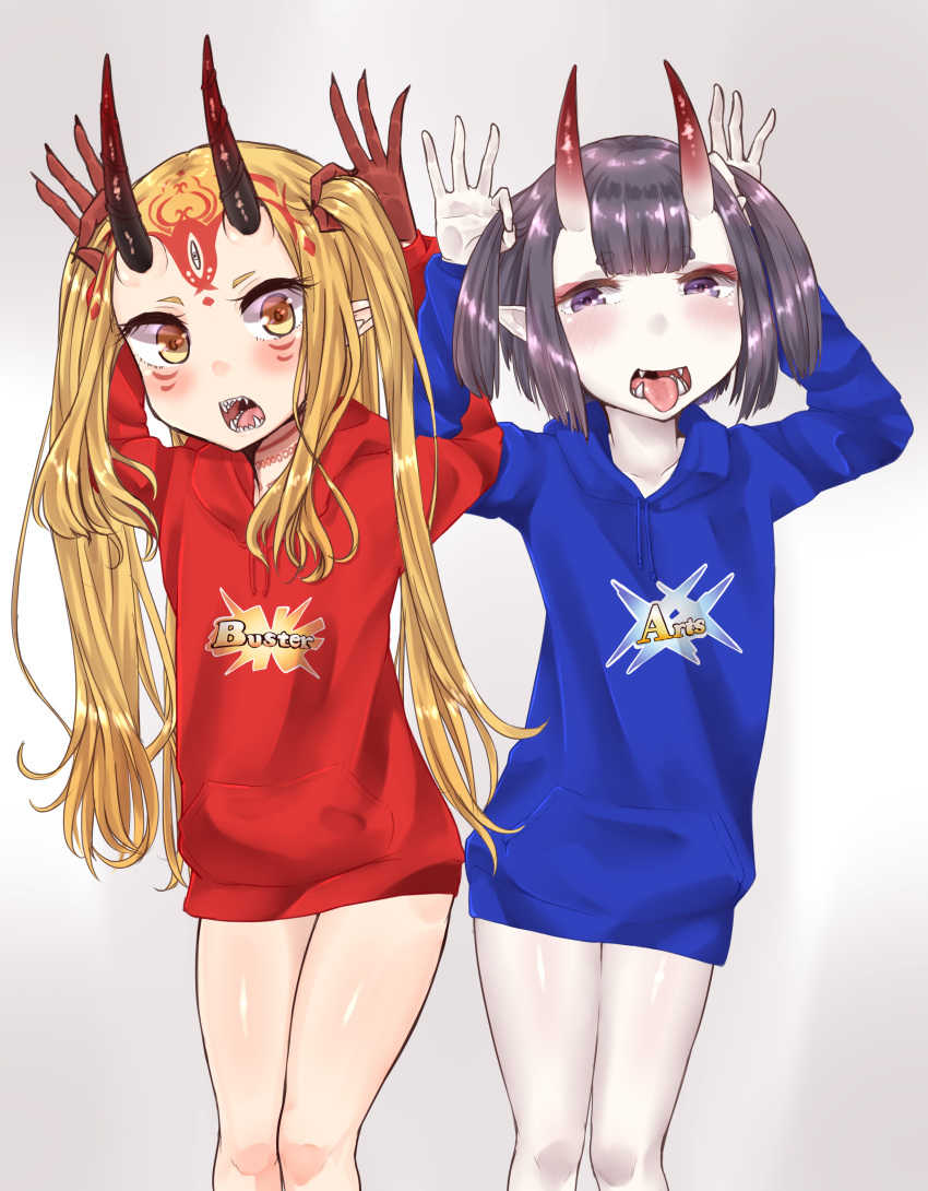 absurdres arms_up arts_shirt bangs blonde_hair blue_hoodie blush brown_background brown_eyes bunching_hair buster_shirt clothes_writing collarbone commentary_request drawstring english facial_mark fangs fate/grand_order fate_(series) forehead_mark gradient gradient_background highres hood hood_down hoodie horns ibaraki_douji_(fate/grand_order) locked_arms long_hair long_sleeves makano_mucchi multiple_girls oni oni_horns open_mouth pale_skin purple_eyes purple_hair red_hoodie shiny shiny_skin short_hair shuten_douji_(fate/grand_order) thick_eyebrows tongue tongue_out twintails very_long_hair white_background