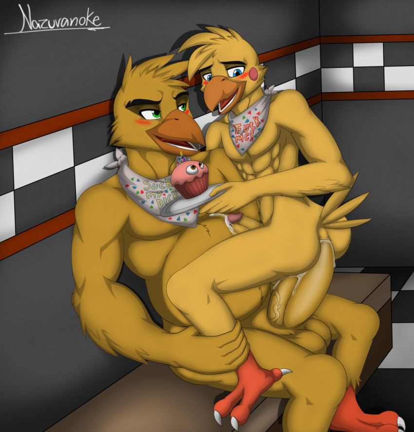 anal anal_penetration avian balls beak bellyjob big_penis bird blush butt chica_(fnaf) chicken claws crossgender cum cum_in_ass cum_inside cum_on_body cum_while_penetrated cupcake feathers five_nights_at_freddy's five_nights_at_freddy's_2 food hands-free invalid_tag male male/male markdeth_(artist) muscular orgasm overweight penetration penis sex toy_chica_(fnaf) video_games yellow_feathers