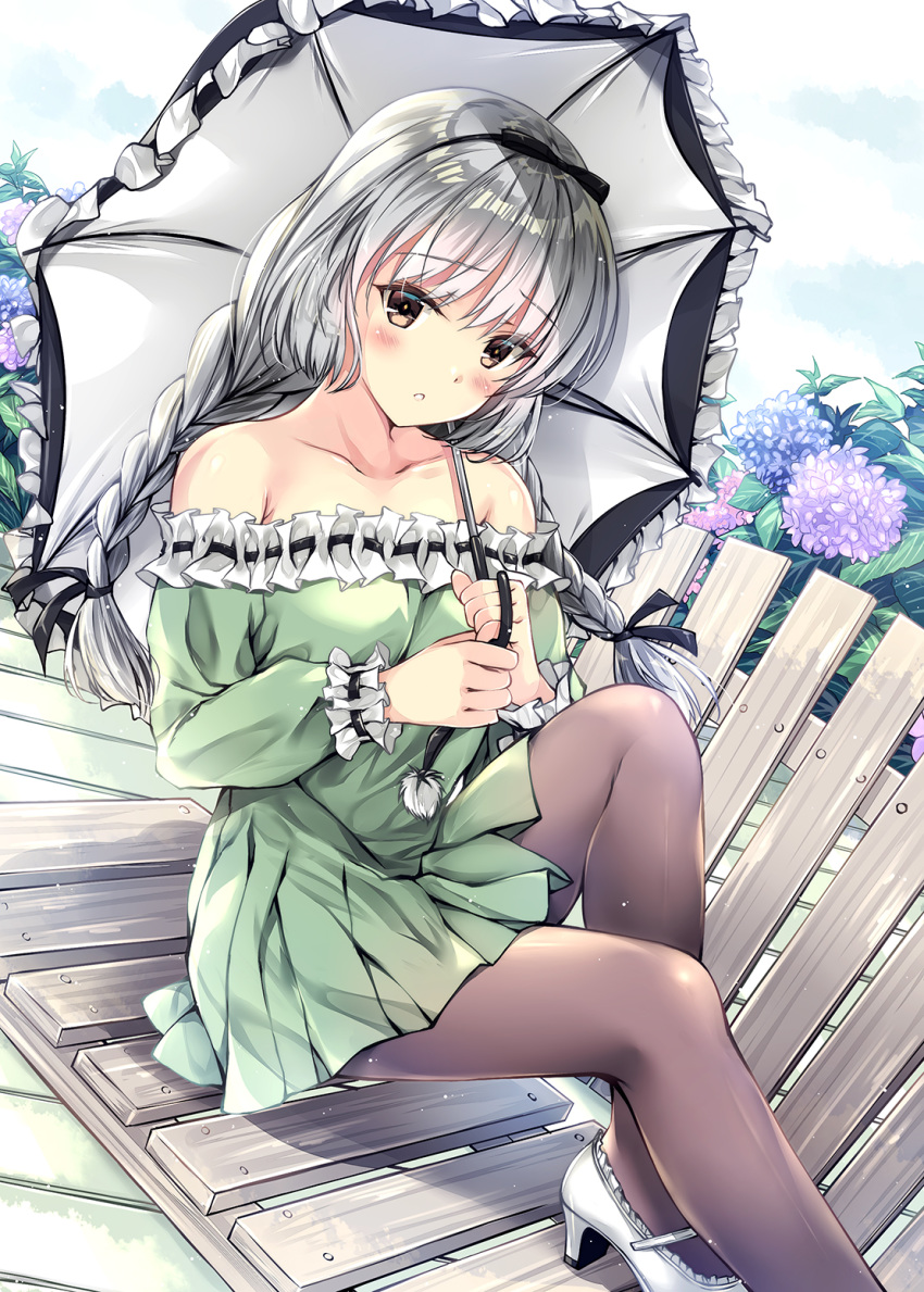 bangs bare_shoulders black_bow black_hairband black_ribbon blush bow braid breasts brown_eyes brown_legwear casual cloud cloudy_sky collarbone commentary_request day dress eyebrows_visible_through_hair flower frills hair_bow hair_ribbon hairband high_heels highres holding holding_umbrella hydrangea knees_up kobayashi_chisato leaf long_hair long_sleeves looking_at_viewer original outdoors pantyhose parted_lips pink_lips plant ribbon short_dress silver_hair sitting sky small_breasts solo strapless strapless_dress tassel teeth twin_braids umbrella white_footwear wrist_cuffs