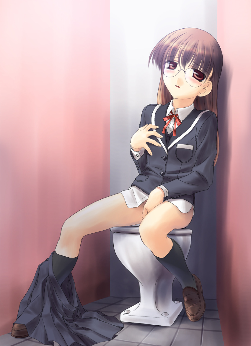 1girl black_legwear blazer blush brown_hair female fingering glasses highres indoors kneehighs loafers long_hair masturbation no_panties norizou_type-r pleated_skirt ribbon school_uniform shirt sitting skirt skirt_around_one_leg solo toilet white_shirt