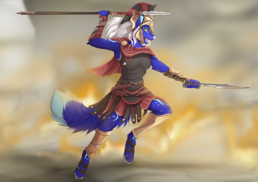 2018 5_fingers anthro barefoot canine clothed clothing digital_media_(artwork) digitigrade female hair holding_object holding_weapon lycangel mammal melee_weapon open_mouth polearm solo spear sword teeth tongue weapon white_hair wolf yellow_eyes