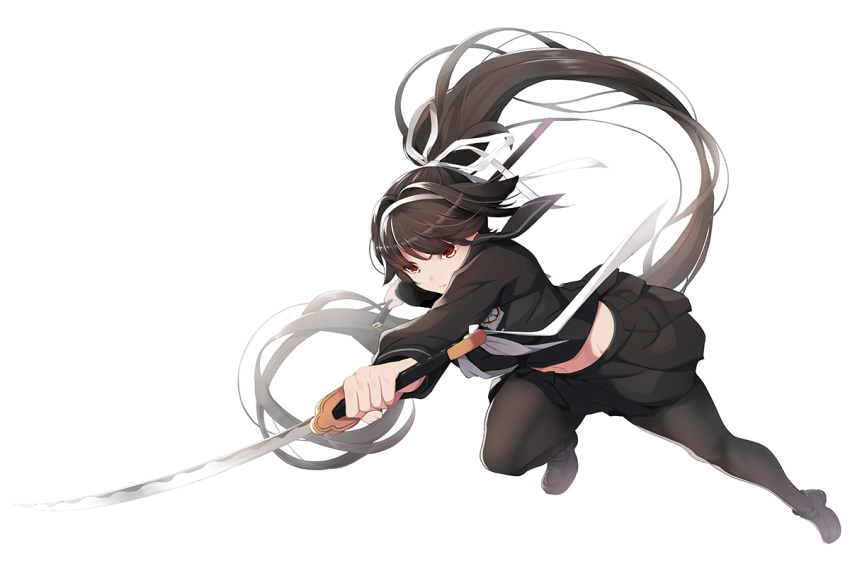 absurdly_long_hair azur_lane bangs black_footwear black_hair black_legwear black_sailor_collar black_serafuku black_shirt black_skirt closed_mouth commentary_request dual_wielding full_body hair_intakes hair_ribbon holding holding_sword holding_weapon katana koflif loafers long_hair long_sleeves outstretched_arm pantyhose pleated_skirt ponytail red_eyes ribbon sailor_collar school_uniform serafuku shirt shoes simple_background skirt solo sword takao_(azur_lane) v-shaped_eyebrows very_long_hair weapon white_background white_ribbon