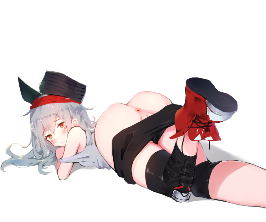 aak absurdres anus ass bangs bare_shoulders bike_shorts black_hat black_shorts blush blush_stickers brown_eyes closed_mouth eyebrows_visible_through_hair g11_(girls_frontline) girls_frontline grey_tank_top hair_between_eyes hat highres knee_pads long_hair looking_at_viewer looking_back lying on_stomach pussy red_footwear shadow shoes short_shorts shorts shorts_pull silver_hair solo tank_top white_background