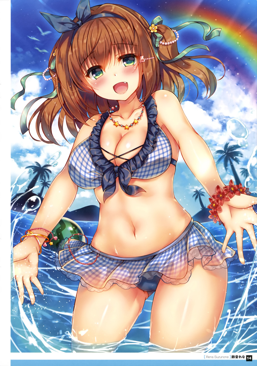 :d absurdres armpits artist_name ass_visible_through_thighs ball bare_legs bare_shoulders beachball bikini bikini_skirt bird blue_frills blue_hair blue_sky bracelet breasts brown_hair cleavage cloud cloudy_sky collarbone cowboy_shot day dengeki_moeou eyebrows_visible_through_hair eyes_visible_through_hair fang flower flower_bracelet food framed_image frilled_bikini frills from_behind fruit green_eyes green_ribbon hair_between_eyes hair_flower hair_ornament hair_ribbon half-closed_eyes highres island jewelry large_breasts looking_at_viewer mountain navel necklace official_art open_hands open_mouth original outdoors page_number palm_tree palms pearl_bracelet pearl_hair_ornament pink_lips plaid plaid_bikini plaid_skirt rainbow red_flower ribbon scan seagull seashell_bracelet seashell_hair_ornament shiny shiny_skin skindentation skirt sky smile solo splashing standing star star_necklace sunlight suzune_rena swimsuit themed_object tongue tree two_side_up wading water water_drop watermelon wet yellow_bracelet yellow_flower