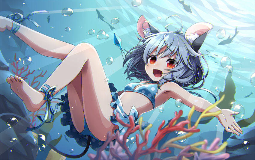 animal_ears ankle_ribbon barefoot bikini blush breasts coral fish grey_hair jewelry kozakura_(dictionary) looking_at_viewer mouse_ears mouse_tail nazrin open_mouth polka_dot polka_dot_bikini polka_dot_swimsuit red_eyes ribbon short_hair small_breasts smile solo swimsuit tail thighs touhou underwater
