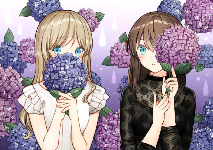 black_shirt blue_eyes blush brown_hair commentary covered_mouth fingernails flower gradient gradient_background hands_up holding holding_flower hydrangea kurata_rine light_brown_hair long_hair long_sleeves looking_at_viewer multiple_girls original own_hands_together parted_lips purple_background purple_flower see-through shirt very_long_hair water_drop wet white_background white_shirt