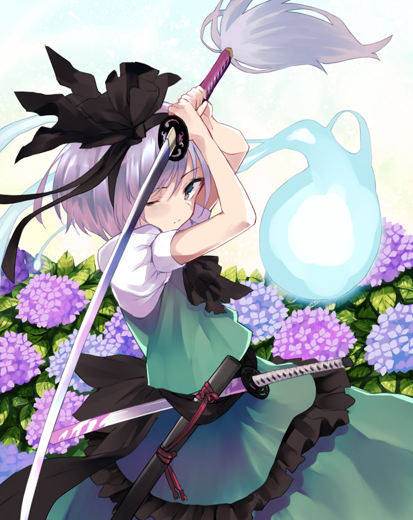 arms_up ascot bangs black_bow black_hairband black_neckwear bow brown_eyes closed_mouth commentary_request eyebrows_visible_through_hair fingernails flower green_skirt green_vest hair_between_eyes hair_bow hairband highres holding holding_sword holding_weapon hydrangea katana konpaku_youmu konpaku_youmu_(ghost) looking_at_viewer nuqura one_eye_closed puffy_short_sleeves puffy_sleeves purple_flower sheath shirt short_hair short_sleeves silver_hair skirt sword touhou unsheathed vest weapon white_shirt