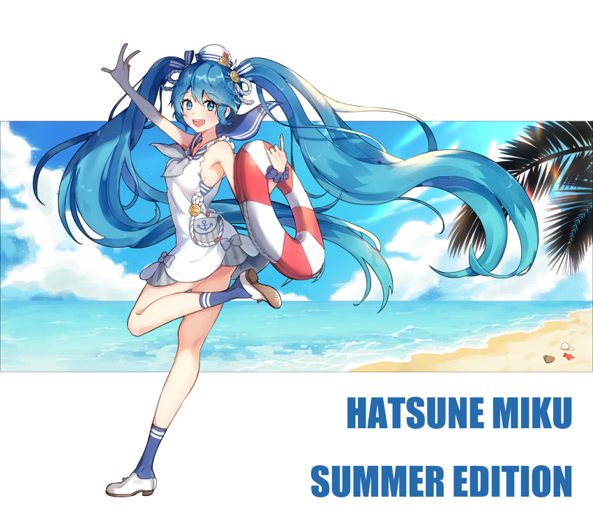 :d absurdres aqua_eyes aqua_hair arm_up beach character_name cloud dress eyebrows_visible_through_hair floating_hair from_side full_body hat hatsune_miku highres innertube lifebuoy long_hair looking_at_viewer ocean open_mouth outdoors sailor_dress sand scrunchie shoes sky smile socks solo taito_four_seasons_figure_(vocaloid) tedy5845 twintails very_long_hair vocaloid water wrist_scrunchie