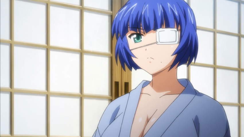 1girl blue_hair breasts cleavage eyepatch ikkitousen large_breasts ryomou_shimei short_hair