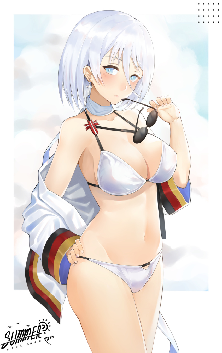 absurdres alternate_costume armpits azur_lane baggy_clothes bangs bikini blue_eyes breasts cleavage coat collarbone commentary_request cowboy_shot cross cross_earrings earrings eyewear_on_head eyewear_removed groin hair_between_eyes hand_on_eyewear hand_on_hip highres holding holding_eyewear jewelry large_breasts looking_at_viewer navel parted_lips scarf short_hair sidelocks signature silver_hair simple_background skindentation solo sparkle stomach sunglasses swimsuit thighs tirpitz_(azur_lane) wet white_background white_bikini white_coat white_scarf yueguang_zhanglang