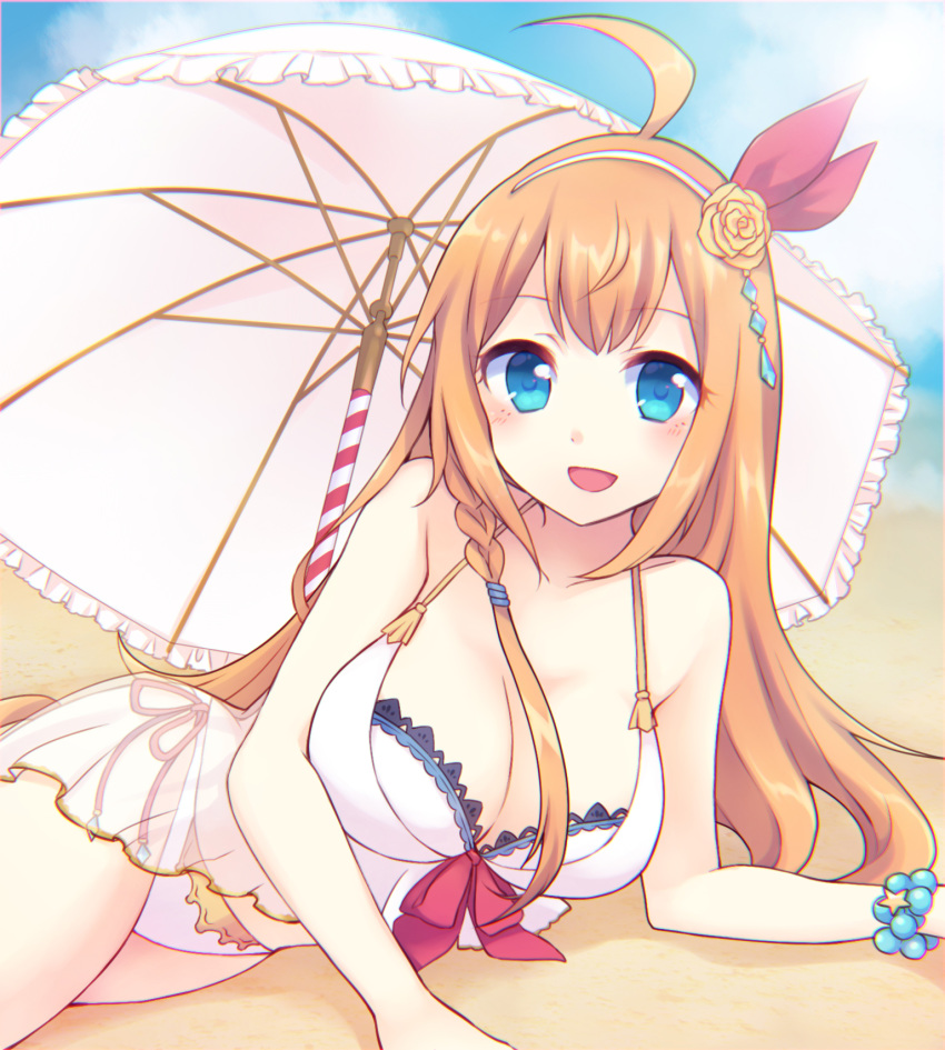 ahoge blue_eyes blush bracelet breasts cleavage commentary_request flower gucchiann hair_flower hair_ornament headband highres jewelry large_breasts long_hair navel orange_hair pecorine princess_connect! solo swimsuit umbrella