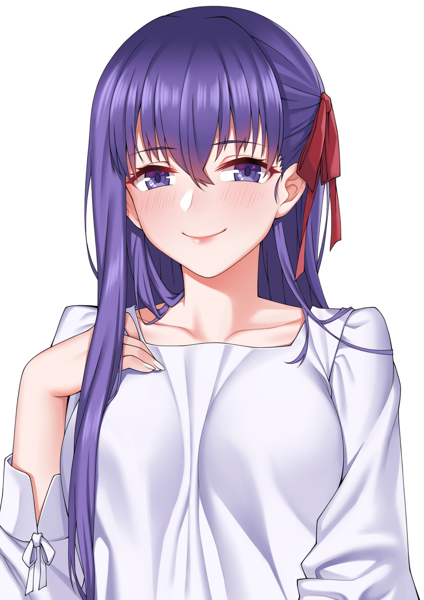 1girl absurdres bangs blush breasts closed_mouth collarbone commentary_request eyebrows_visible_through_hair fate/stay_night fate_(series) hair_between_eyes hair_ribbon hand_on_own_chest hand_up heaven's_feel highres large_breasts long_hair long_sleeves looking_at_viewer matou_sakura purple_eyes purple_hair red_ribbon ribbon shirt simple_background smile solo upper_body white_background white_shirt zui_ai_shuang_mawei