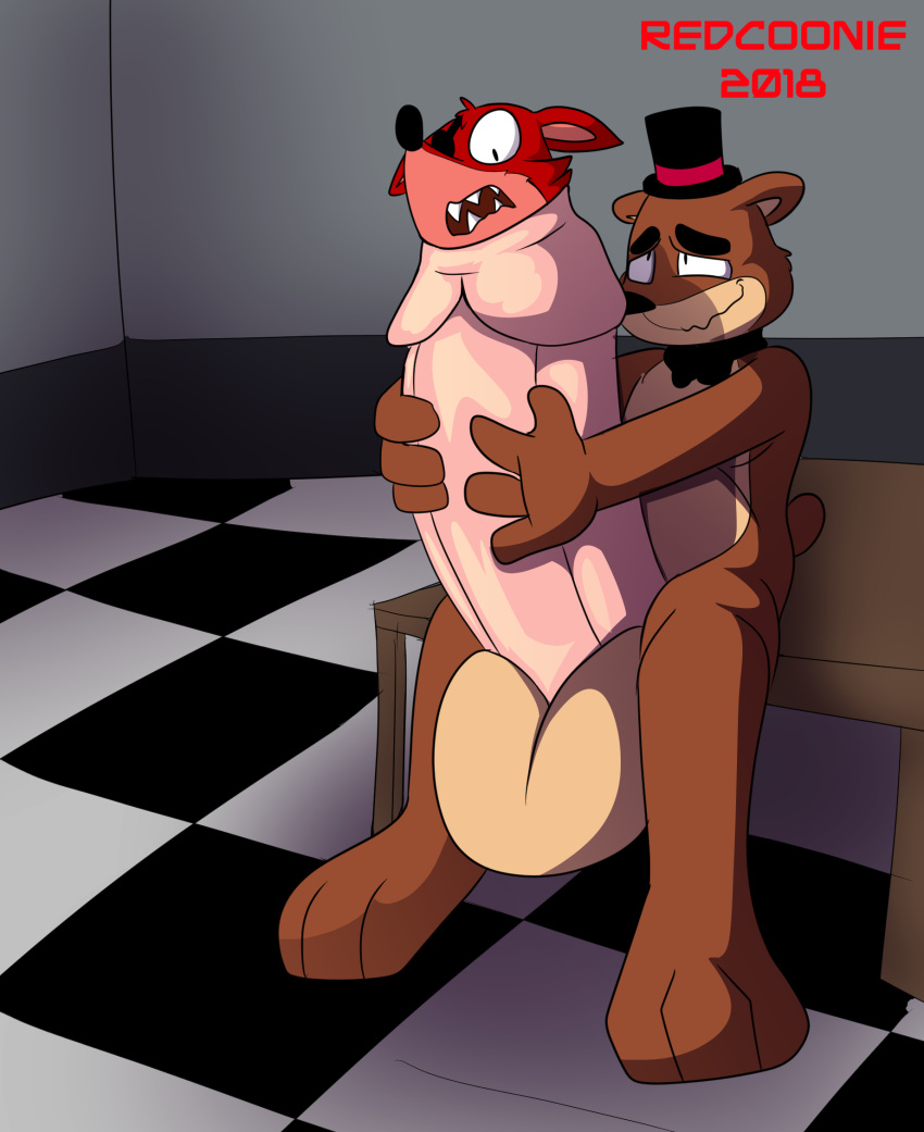 2018 animatronic anthro balls bear big_balls big_penis bow_tie canine cock_vore digital_media_(artwork) duo erection fangs five_nights_at_freddy's fox foxy_(fnaf) freddy_(fnaf) fur hat hi_res huge_balls humanoid_penis hyper hyper_balls hyper_penis inside machine male male/male mammal nude open_mouth penis redcoonie robot sex smile teeth top_hat video_games vore why