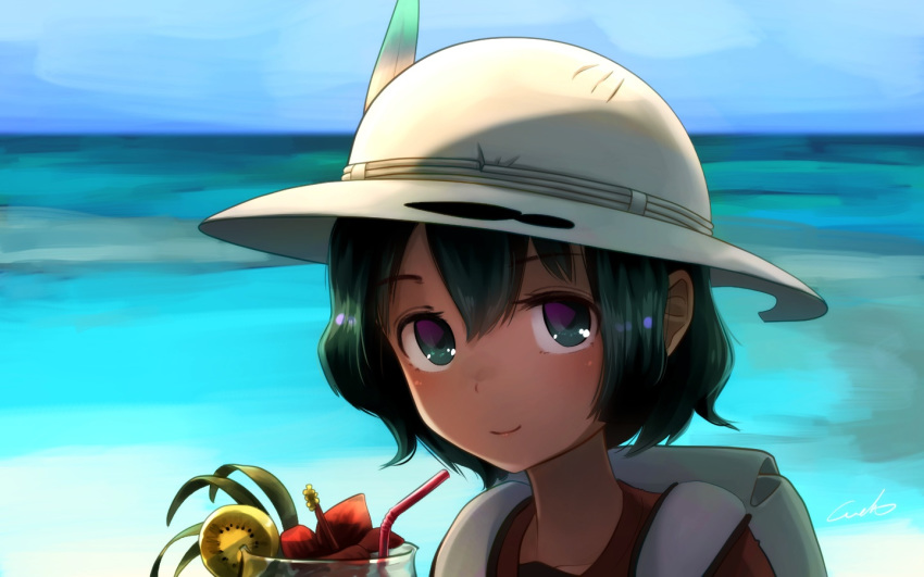 backpack bag beach commentary_request day drinking_straw eyebrows_visible_through_hair face flower food fruit green_eyes green_hair hair_between_eyes hat hat_feather kaban_(kemono_friends) kemono_friends kiwifruit looking_at_viewer red_shirt shirt short_hair smile solo tropical_drink welt_(kinsei_koutenkyoku) white_hat