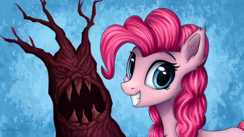16:9 2018 abstract_background blue_background blue_eyes creepy cute earth_pony equine eyebrows eyelashes female feral friendship_is_magic grin hair hi_res horse looking_at_viewer mammal my_little_pony nude pink_hair pinkie_pie_(mlp) pony portrait setharu signature simple_background smile solo teeth tree wallpaper