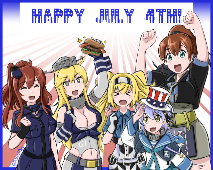 admiral_paru anchor black_shirt blonde_hair blue_border blue_dress blue_eyes blue_hair blue_shirt border breast_pocket breasts brown_hair buttons closed_eyes collared_shirt commentary double_bun dress elbow_gloves english_commentary fingerless_gloves flight_deck food fourth_of_july front-tie_top gambier_bay_(kantai_collection) garter_straps gloves green_eyes green_skirt hair_between_eyes hairband hamburger hat headgear highres intrepid_(kantai_collection) iowa_(kantai_collection) kantai_collection large_breasts long_hair long_sleeves looking_at_viewer miniskirt multicolored multicolored_clothes multicolored_gloves multiple_girls neckerchief open_mouth pleated_skirt pocket ponytail sailor_collar samuel_b._roberts_(kantai_collection) saratoga_(kantai_collection) school_uniform serafuku shirt short_hair short_sleeves shorts side_ponytail sidelocks skirt smile smokestack star star-shaped_pupils striped symbol-shaped_pupils top_hat twintails vertical_stripes whale