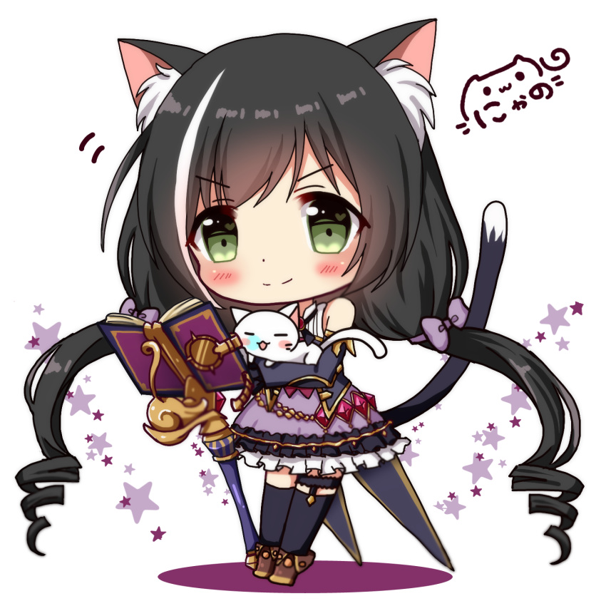 :3 :d animal animal_ears animal_hug bare_shoulders black_legwear blush blush_stickers book boots bow brown_footwear cat cat_ears cat_girl cat_tail chibi closed_eyes commentary detached_sleeves gem green_eyes hair_bow head_tilt heart heart_in_eye highres kyaru_(princess_connect) long_hair long_sleeves looking_at_viewer low_twintails multicolored_hair nose_blush nyano21 open_book open_mouth princess_connect! princess_connect!_re:dive purple_bow purple_skirt shirt signature skirt sleeveless sleeveless_shirt smile solo staff standing star streaked_hair symbol_in_eye tail tail_raised thighhighs thighhighs_under_boots twintails v-shaped_eyebrows very_long_hair white_background white_hair white_shirt