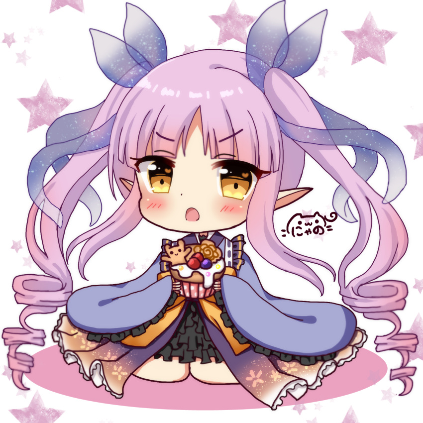 :o bangs blush brown_eyes chibi commentary cupcake dress eyebrows_visible_through_hair food frilled_sleeves frills hair_ribbon heart heart_in_eye highres hikawa_kyoka holding holding_food long_hair long_sleeves looking_at_viewer nyano21 open_mouth pink_hair pointy_ears princess_connect! princess_connect!_re:dive purple_dress purple_ribbon ribbon ringlets see-through sidelocks signature sitting sleeves_past_wrists solo star starry_background symbol_in_eye twintails v-shaped_eyebrows very_long_hair wariza white_background wide_sleeves