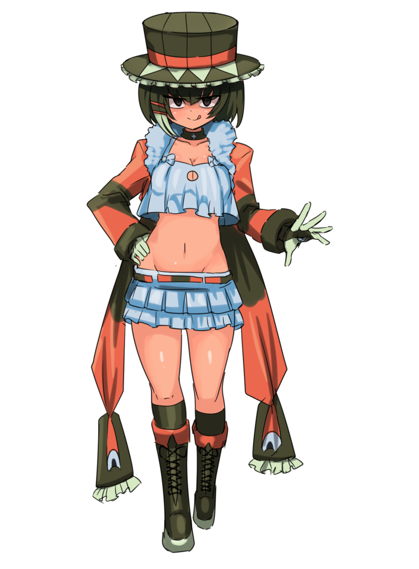 barbaracle black_choker boots borokuro breasts brown_eyes brown_footwear brown_hat choker cleavage cross-laced_footwear full_body gloves groin hair_ornament hairclip hand_on_hip hat highres knee_boots licking_lips looking_at_viewer midriff multicolored_hair personification pokemon small_breasts smile solo standing striped_sleeves tongue tongue_out two-tone_hair white_gloves