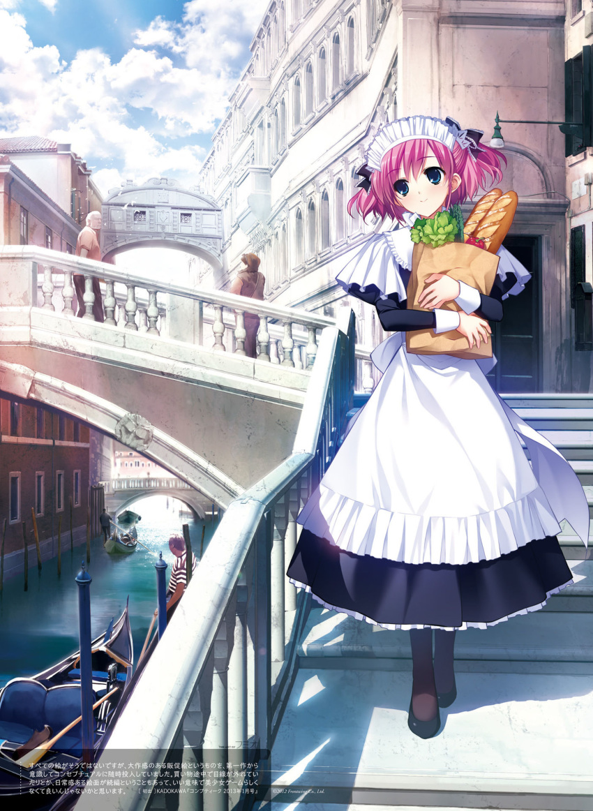 apron bag black_bow black_footwear black_legwear black_shirt black_skirt blue_eyes bow bridge cloud day eyebrows_visible_through_hair food frilled_bow frilled_skirt frills full_body fumio_(ura_fmo) grisaia_(series) grisaia_no_rakuen hair_between_eyes hair_bow highres holding holding_bag komine_sachi long_skirt looking_to_the_side maid maid_headdress outdoors pink_hair pumps shirt skirt sky stairs standing sunlight twintails white_apron