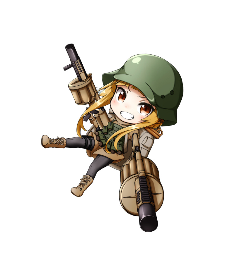 bangs black_legwear blonde_hair blush boots brown_eyes brown_footwear brown_gloves brown_jacket brown_shorts chibi commentary cross-laced_footwear dual_wielding dutch_angle eyebrows_visible_through_hair fukaziroh_(sao) gloves grenade_launcher grin helmet highres holding holding_weapon jacket knife_in_hair kuena lace-up_boots long_hair long_sleeves looking_at_viewer mgl-140 pantyhose rightony_&amp;_leftania short_shorts shorts simple_background smile solo sword_art_online sword_art_online_alternative:_gun_gale_online trench_knife v-shaped_eyebrows weapon white_background