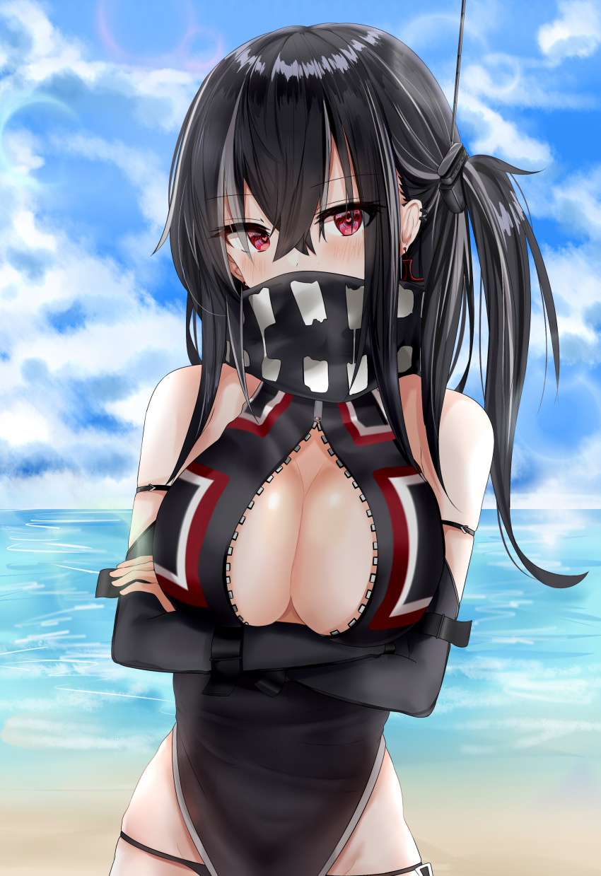 absurdres arm_strap azur_lane bangs bare_shoulders beach black_gloves black_hair black_legwear black_panties blue_sky blush breasts chinese_commentary cleavage cleavage_cutout cloud commentary_request covered_mouth cross cross_earrings crossed_arms crossed_bangs day earrings elbow_gloves eyebrows_visible_through_hair eyes_visible_through_hair front_zipper_swimsuit gloves hair_between_eyes hair_ornament head_tilt headgear heart heart-shaped_pupils highres iron_cross jewelry large_breasts long_hair looking_at_viewer meme_attire multicolored_hair no_bra ocean one-piece_swimsuit one_side_up panties red_eyes ru_zhai sand scarf sidelocks skindentation sky solo streaked_hair swimsuit symbol-shaped_pupils thighhighs thighs u-47_(azur_lane) underwear unzipped white_hair