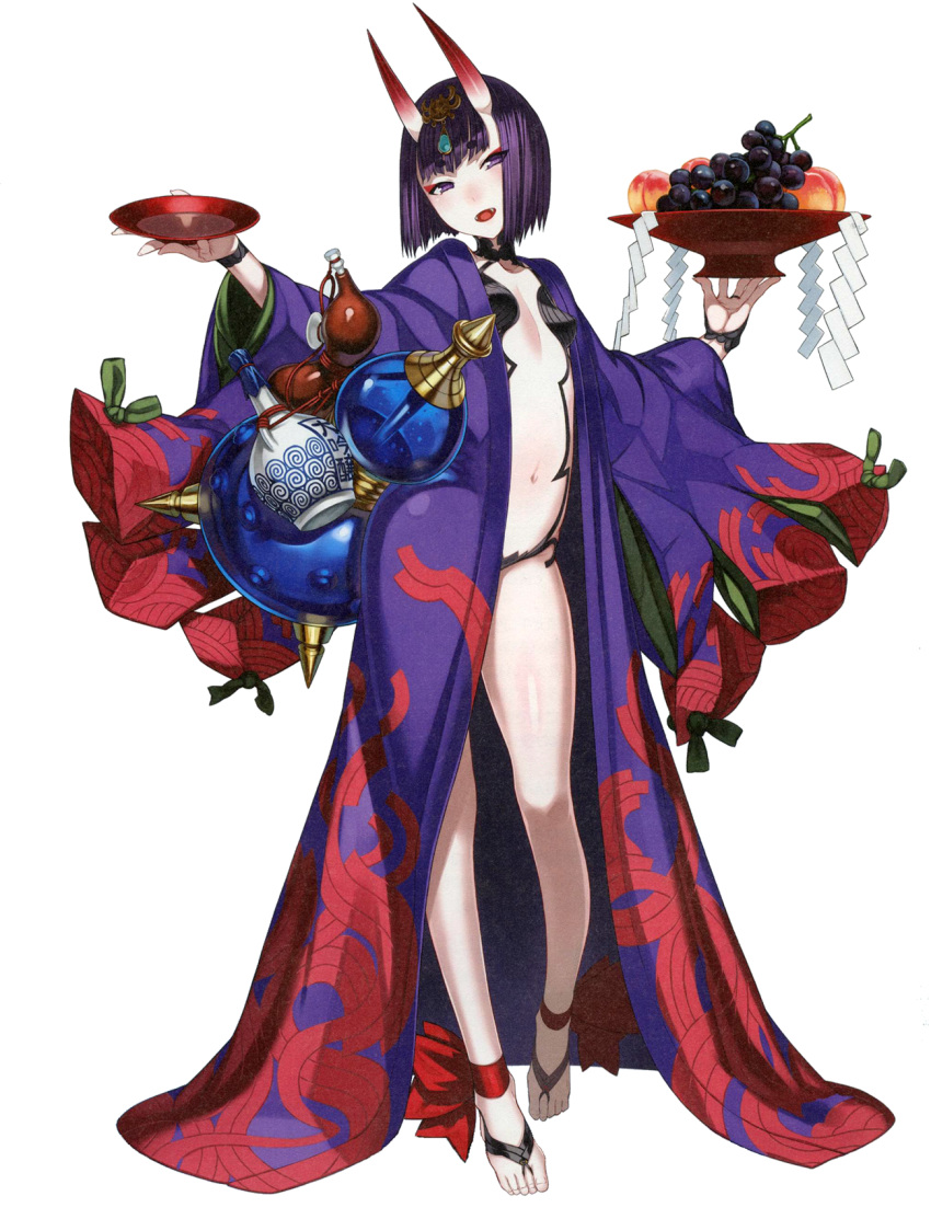 1girl alcohol bangs breasts cup fate/grand_order fate_(series) honjou_raita horns japanese_clothes kimono looking_at_viewer navel official_art oni open_mouth purple_eyes purple_hair sake short_hair shuten_douji_(fate/grand_order) small_breasts smile solo toes